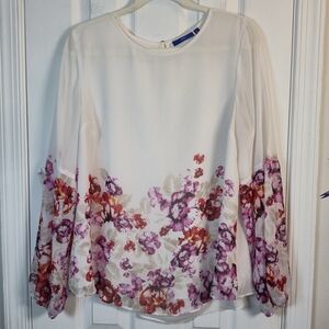 Apt. 9 Floral Border Print Chiffon Long Sleeve Blouse Size L
